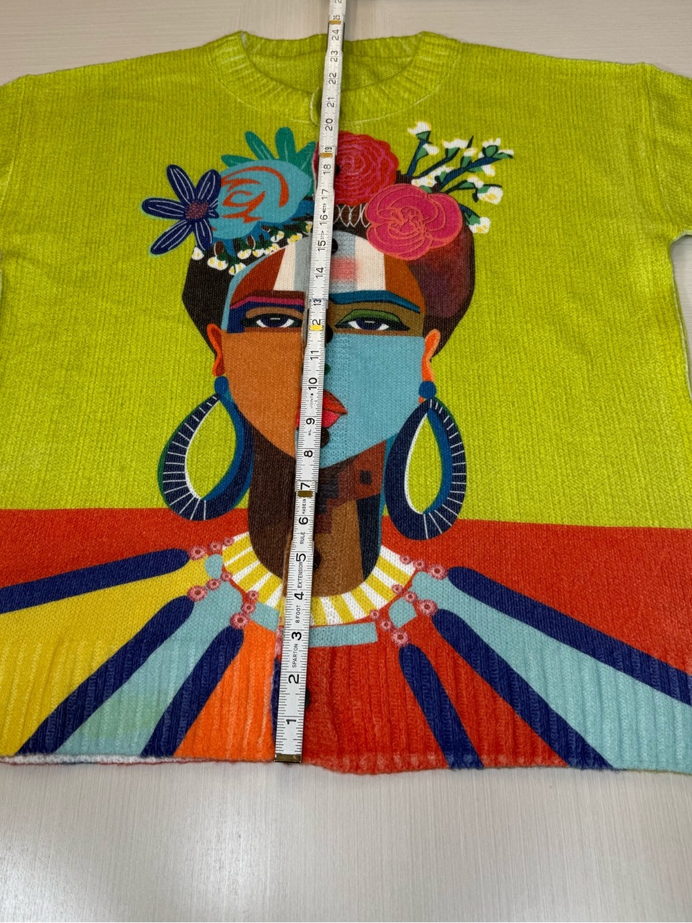 Colorful Art Knit Sweater XL Abstract Face Floral Wearable Art Statement - Picture 7 of 9